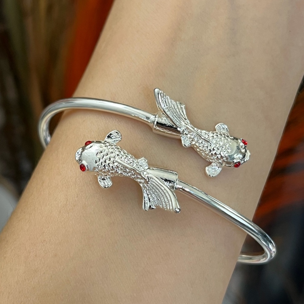 S925 Silver red eyes double fish cuff Bracelet